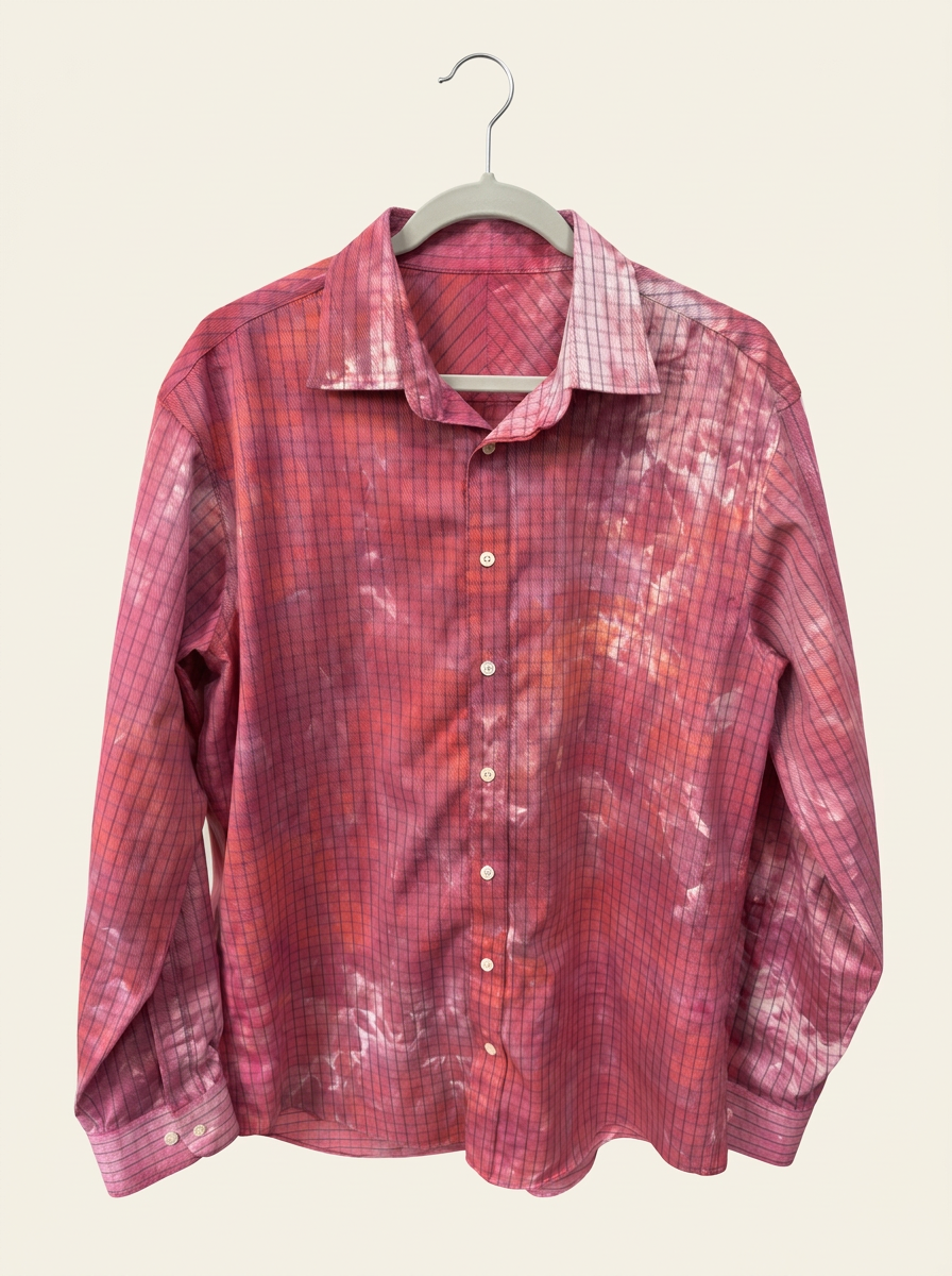 Hand ice-dyed cotton long-sleeve shirt in pink, rose, and coral plaid on a pale grey hanger