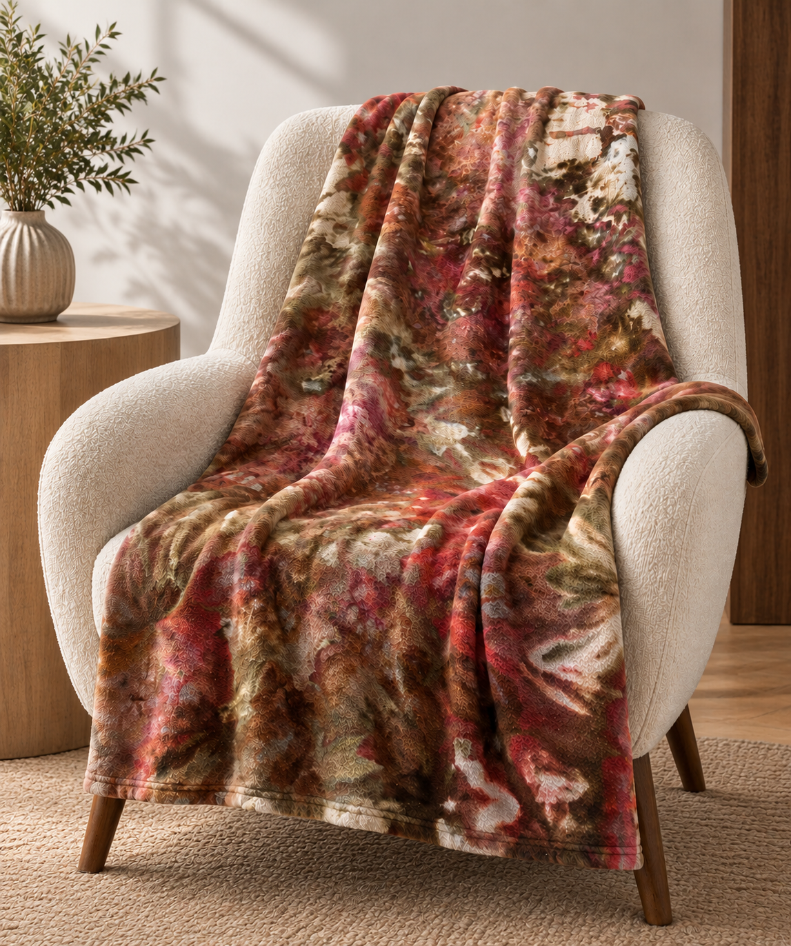 Hand ice-dyed blanket in rust, clay, moss and cream draped over a boucle armchair