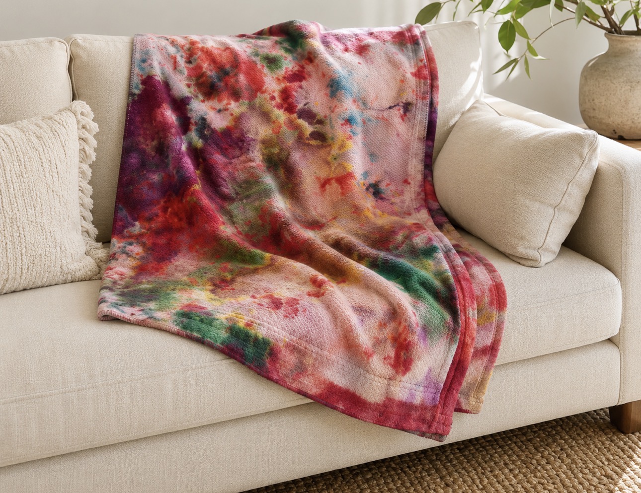 Hand ice-dyed blanket in rose, crimson and deep green draped across a linen sofa
