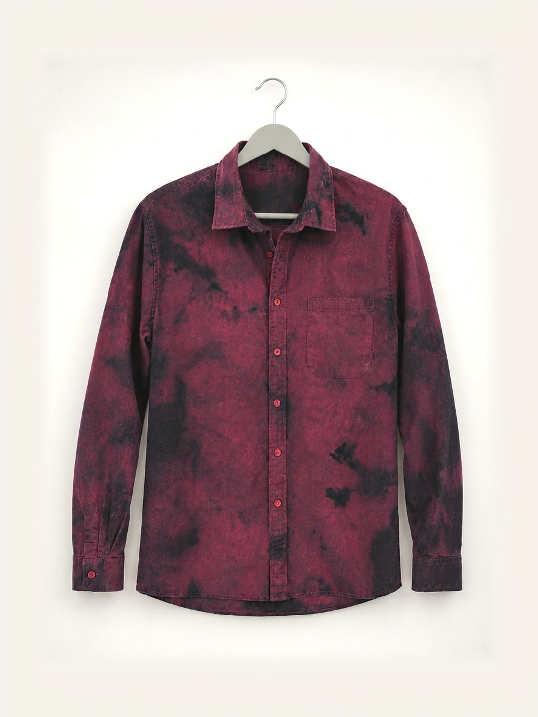Hand ice-dyed cotton collar shirt in deep red and black on a black hanger